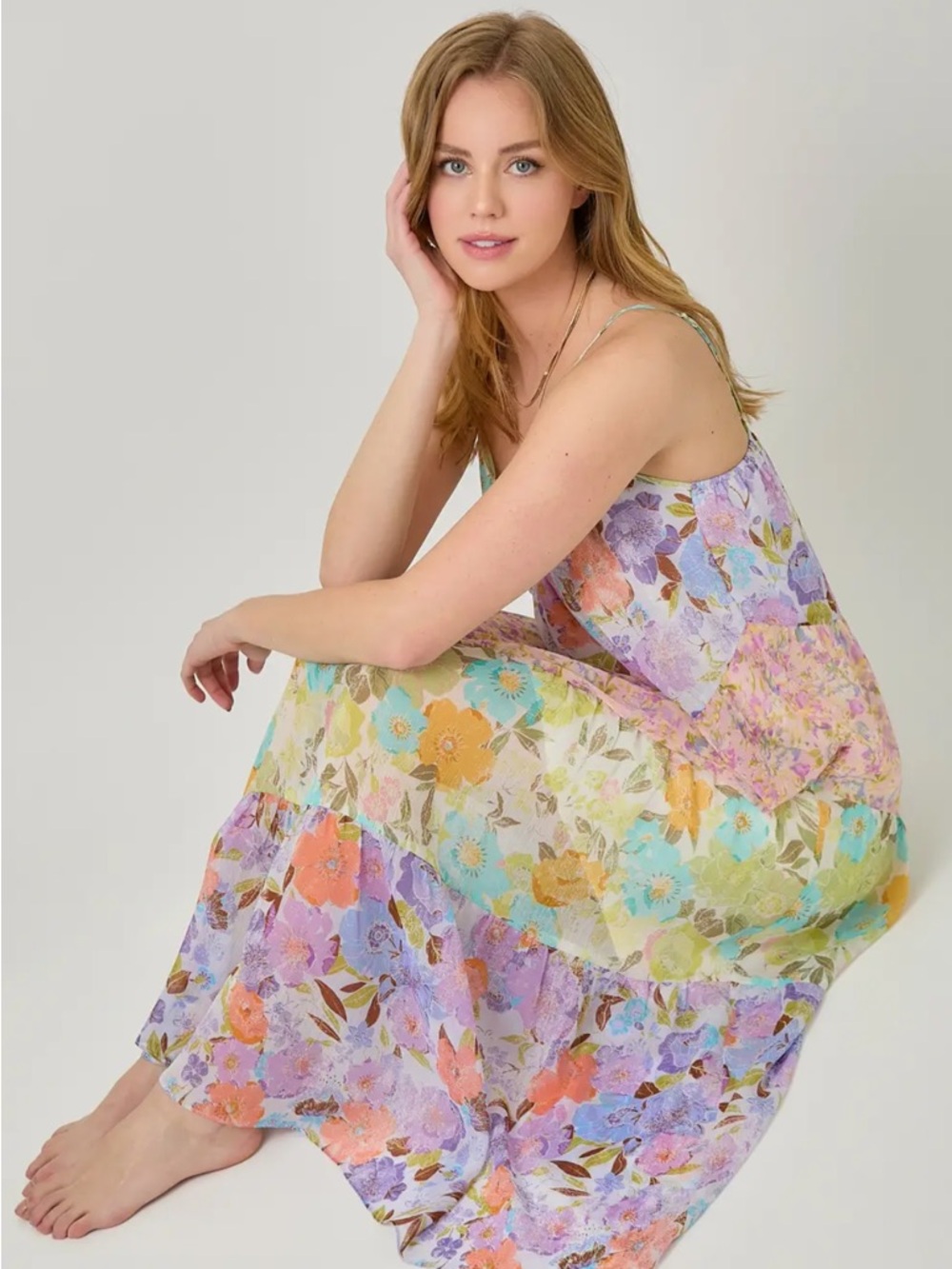 2005. Patchwork floral spaghetti strap midi dress